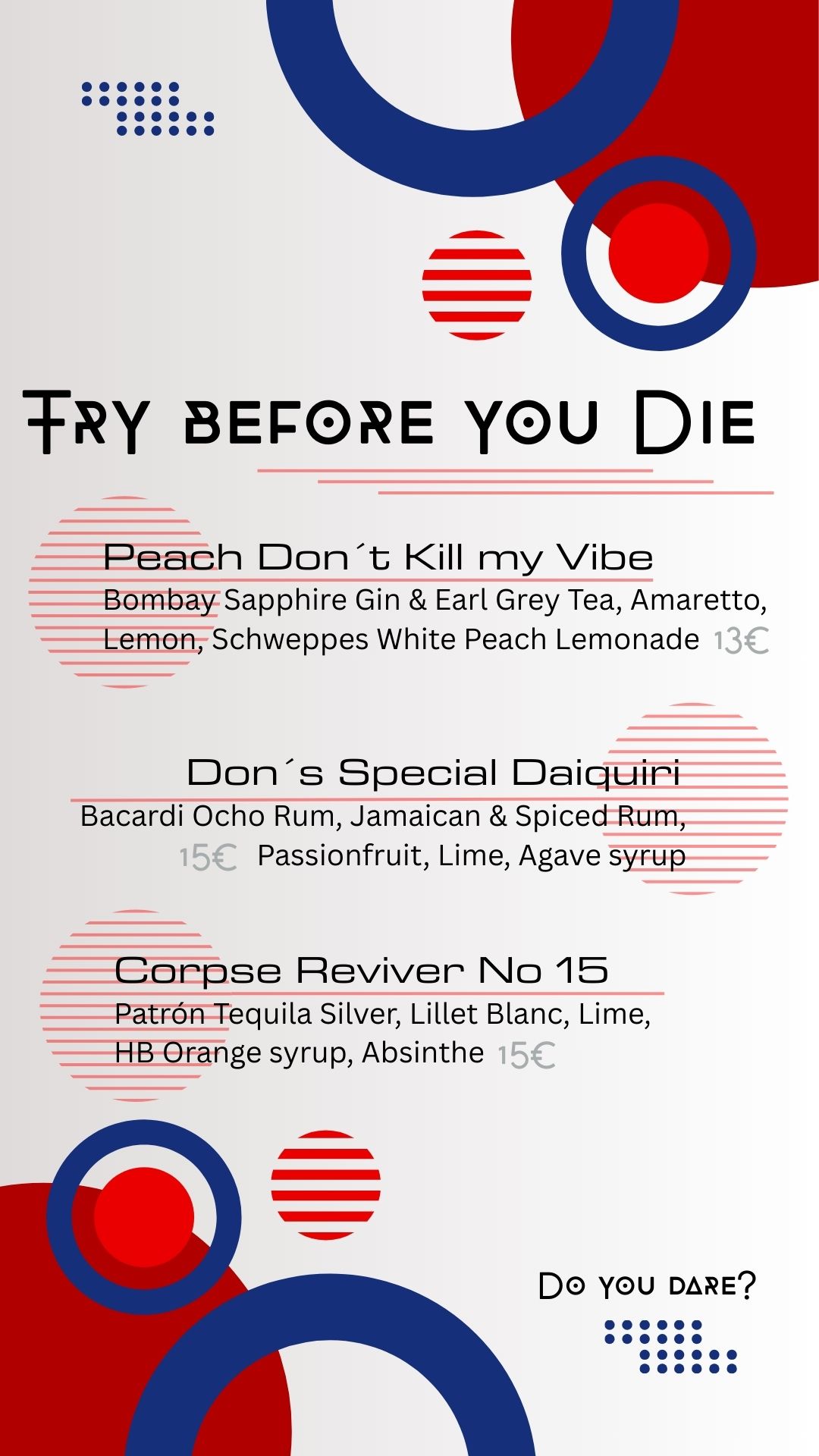 Try before you Die Cocktail Menu